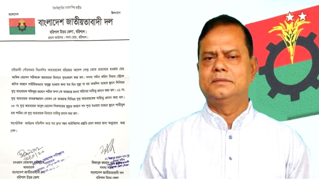 গৌরনদী পৌর বিএনপির আহ্বায়ক জাকির হোসেন শরীফ পুনর্বহাল