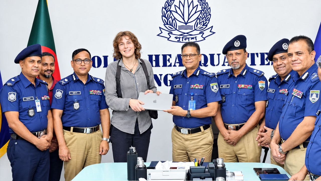 জার্মান পর্যটকের হারানো ম্যাকবুক উদ্ধার করে দিল বাংলাদেশ পুলিশ, পুরস্কৃত দুই কর্মকর্তা